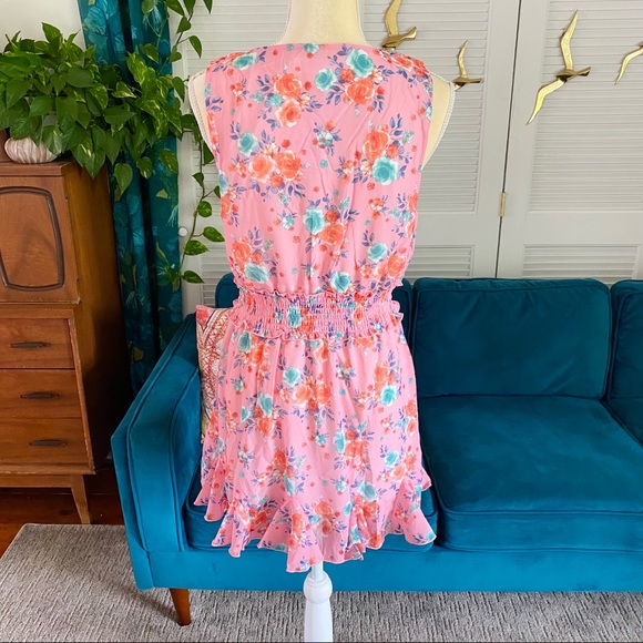 Peach Love California | Sherbet Sleeveless V Neck Floral Print Mini Dress Large - Picture 6 of 10